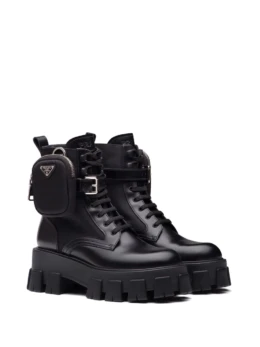 Prada - Prada Monolith brushed leather and nylon boots with pouch