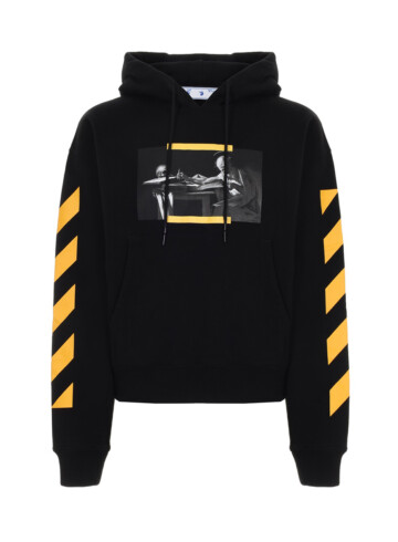 Off-White - BLACK YELLOW STRIPES DETAILED ANGEL PAINTING PRINTED COTTON HOODIE