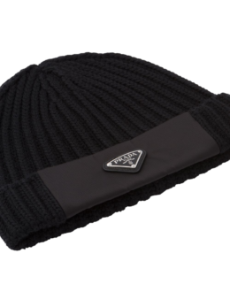 Prada logo rib-knit beanie hat